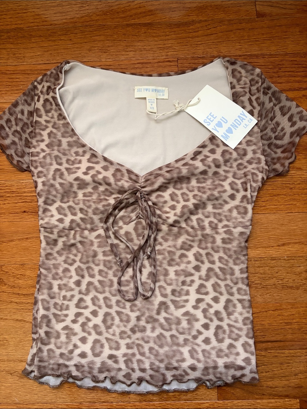 See You Monday Brown Leopard Tie-Front Short Sleeve Top